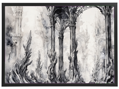 En akvarelillustration af en forladt, mystisk ruin med imponerende søjler og organiske former.