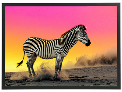 En zebra står majestætisk på en sandet overflade, omgivet af støv, mod en farverig solnedgang.