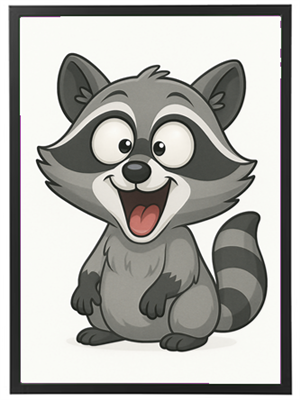 En sød og venlig tegneserie-vaskebjørn med en stor smilende ansigt.