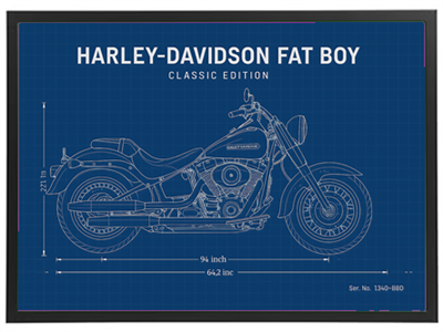 Illustration af Harley-Davidson Fat Boy i klassisk design med mål.