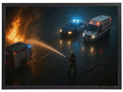 En brandmand slukker en ild med en slange, mens politi og ambulance er til stede.