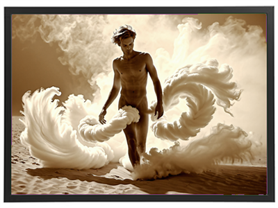 En mand står i en drømmeagtig scene, omgivet af svævende skyer og sand.