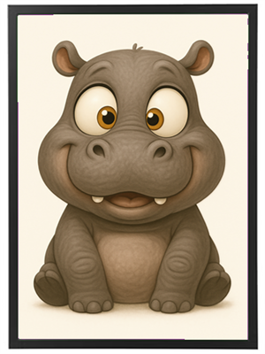 En tegneserieagtig flodhest med store øjne og et stort smil, der sidder ned.