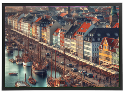 En betagende panoramaudsigt over farverige bygninger og både i Københavns havn.