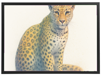 Et kunstnerisk billede af en leopard med karakteristiske pletter og en intens blik.