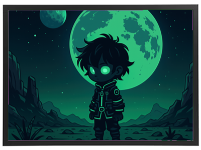 En stiliseret illustration af en dreng med lysende øjne, der står i et månelandskab.