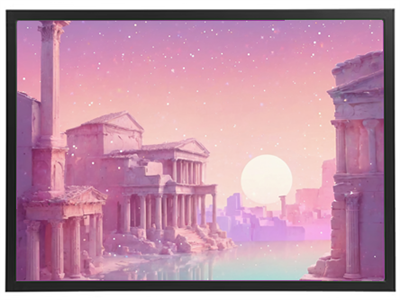 Et malerisk landskab med antikke ruiner og en stor, blød sol i en pastel farvet himmel.