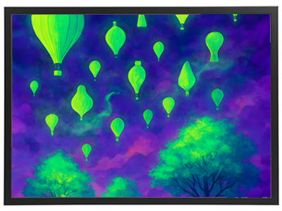 En farverig illustration med svævende grønne balloner over en drømmende landskab.