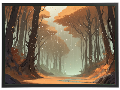 En stemningsfuld skovscene med efterårsfarver og let regn, der skaber en drømmende atmosfære.