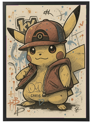 Et farverigt billede af Pikachu iført en hat og vest, omgivet af graffiti-lignende elementer.