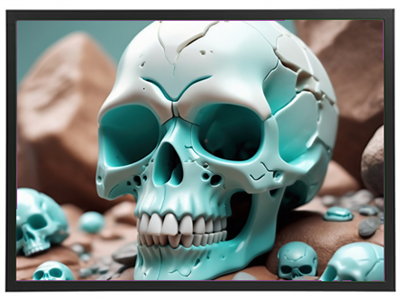 Et kunstværk med en stor, mintfarvet kraniet blandt mindre kranier og sten.