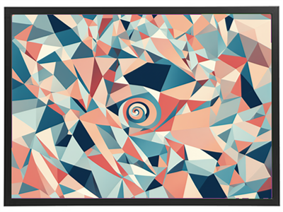 Et farverigt abstrakt billede med geometriske former og en spiral i midten.