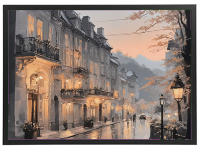 En malerisk gade med elegante bygninger oplyst af gadelamper under en skumringshimmel.