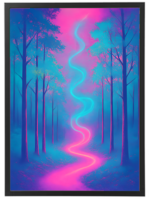 Et surrealistisk skovlandskab med farverige neon nuancer og en lys sti, der fører ind i dybden.
