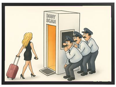 Tre betjente kigger nysgerrigt på en kvinde, der går ind i en skanner.