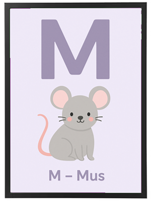 Et billede med bogstavet M og en sød tegning af en mus, der illustrerer dyrenavnet.