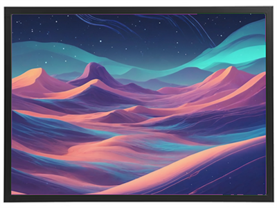 En farverig, abstrakt fremstilling af bølgende bjerge og stjerner i natten.