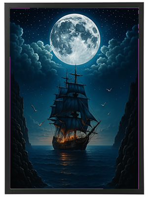 Et malerisk skib sejler under en lysende fuldmåne, omgivet af mørke klipper og stjerner.