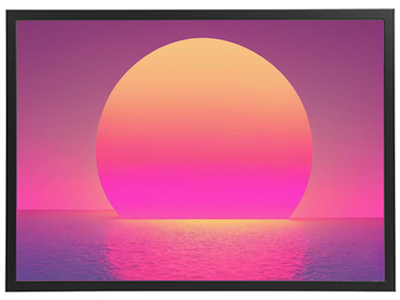 Et farverigt billede af en stor sol, der synker ned i havet, omgivet af nuancer af pink og orange.