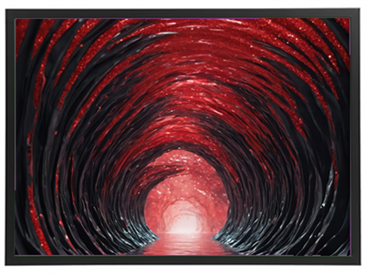 Et surrealistisk billede af en rød tunnel med glitrende elementer og dybe skygger.
