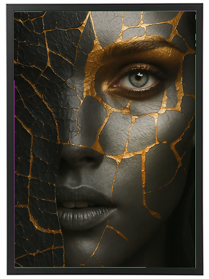 Et nærbillede af et ansigt med en sort og guldmasket overflade, der skaber en dramatisk effekt.