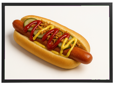 En appetitlig hotdog med pølse, agurk, ketchup, sennep og sprøde løg i en blød bolle.