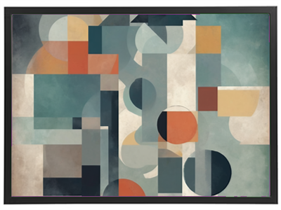 Et moderne abstrakt maleri med geometriske former og farver i nuancer af blå, orange og beige.