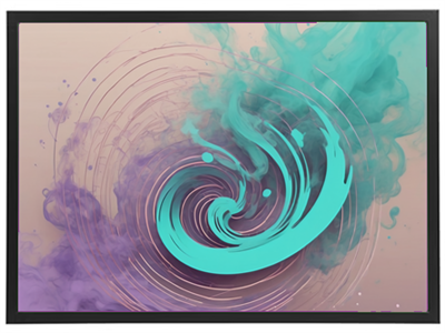 Et abstrakt billede med en spiralformet struktur i teal og lilla nuancer, omgivet af bløde røgskyer.