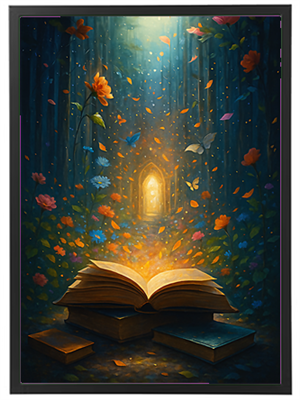Et åbent bog med lys og blomster, der svæver i en mystisk skov.