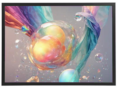 Et visuelt imponerende billede med farverige bobler og bløde, svævende tekstiler.