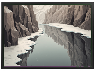 Et stiliseret billede af en smal elv omkranset af klipper og is.