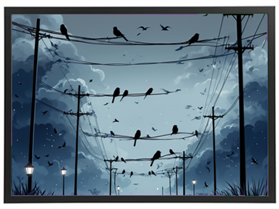Et stiliseret billede af fugle, der sidder på elektriske ledninger under en dramatisk himmel.