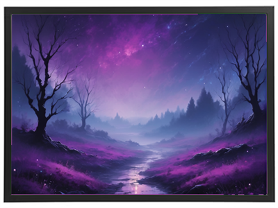 Et surrealistisk landskab med mørke træer og en klar, stjerneklar himmel i nuancer af lilla.