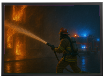 En brandmand kæmper mod flammerne med en slukningsslange, mens regnen falder.