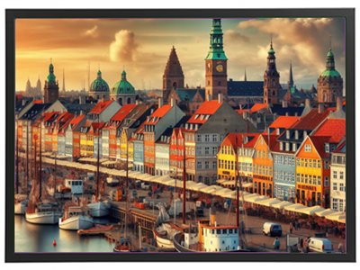 En smuk udsigt over Københavns farverige bygninger og havn ved solnedgang.