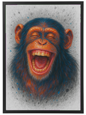 Et farverigt og livligt portræt af en abe, der griner bredt.