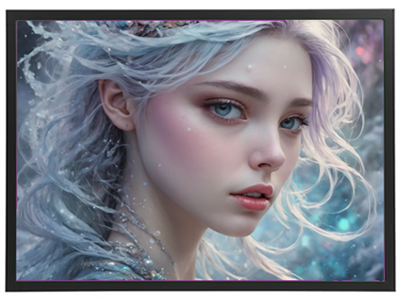 Et fantasifuldt portræt af en ung kvinde med lyse, bølgende hår og havlignende elementer.