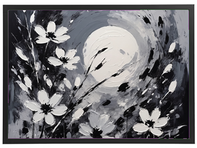 Et abstrakt maleri med hvide blomster mod en stor, lys måne i en sort-hvid farveskala.