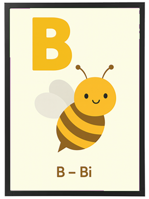 Illustration af bogstavet B med en sød bi, der repræsenterer ordet Bi.