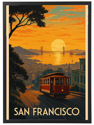 Et kunstnerisk billede af San Francisco med en kabelvogn og en smuk solnedgang.