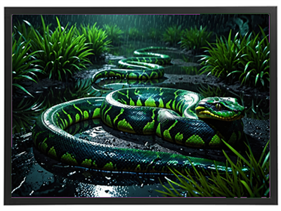 En farverig slange ligger på en våd overflade omgivet af grønne planter under regn.