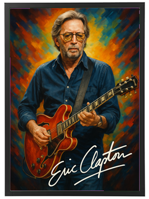 Farverigt portræt af en mand med briller, der spiller guitar, omgivet af en dramatisk baggrund.