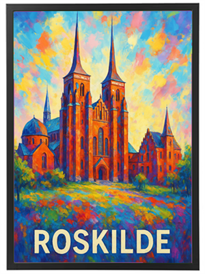 Et maleri af Roskilde Domkirke med farverige nuancer og en blomstrende forgrund.