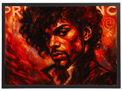 Et dramatisk maleri af en mand med krøllet hår, omgivet af varme farver.