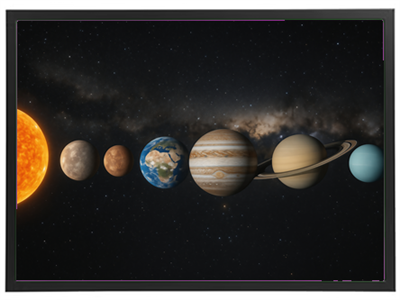 Et billede af solsystemets planeter i rækkefølge fra solen.