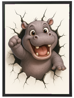 En tegneserieagtig flodhest smiler og rækker en pote ud fra et hul i væggen.