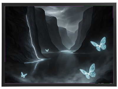 Et dramatisk landskab med en mørk kløft, en strålende vandfald og lysende sommerfugle.