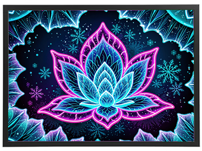 En farverig neon-lotusblomst omgivet af snefnug og en mørk baggrund.