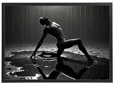 En sort-hvid skulpturel pose af en mand, der strækker sig i vand med reflekterende overflade.