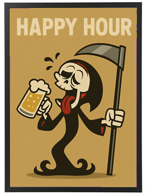 En sjov illustration af Døden, der nyder en øl under happy hour.